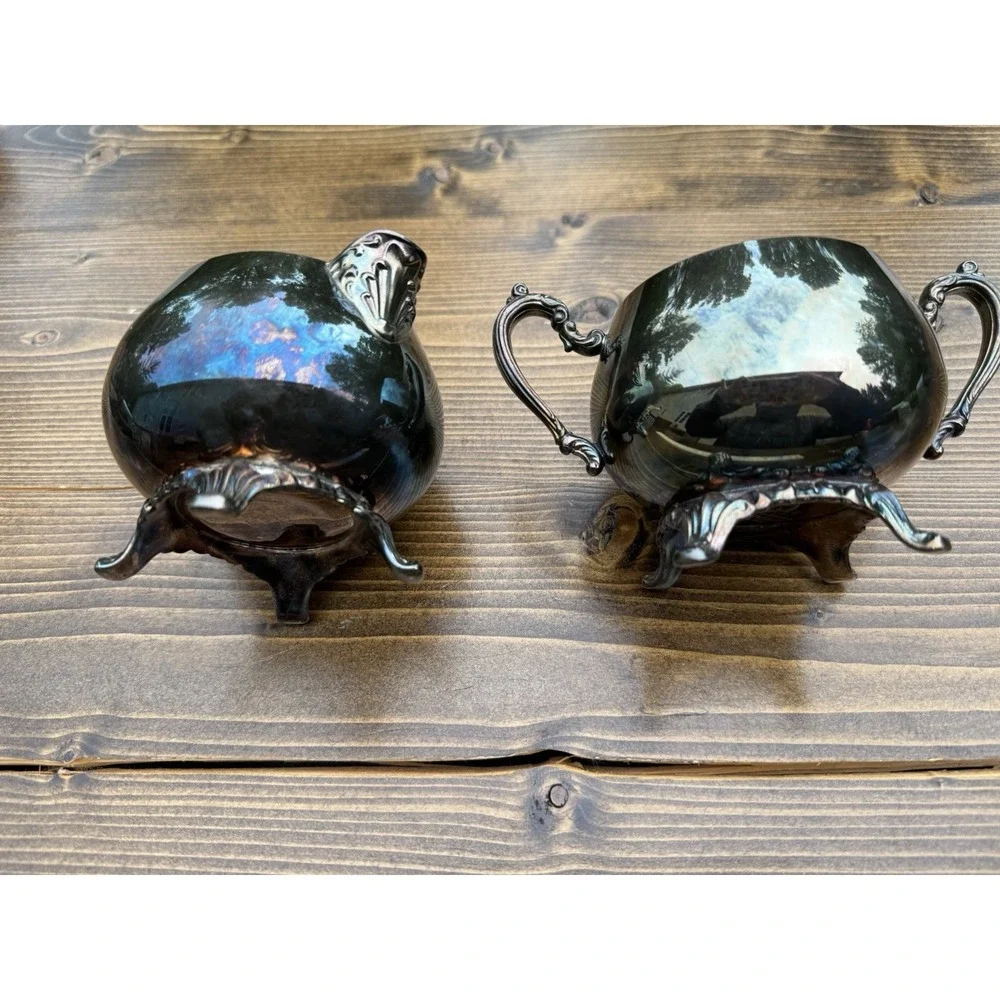 Vintage Oneida Silverplate Creamer Sugar Bowl Set Footed Ornate Handles